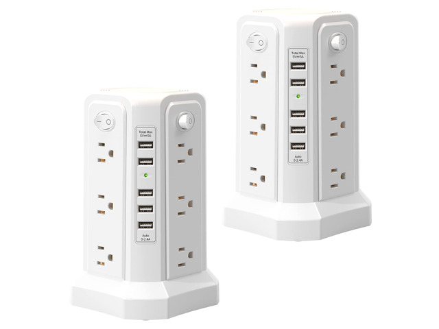 2PC Surge Protector Power Strip Tower with 5 USB Ports and Night Light 10FT Extension Cord with 12 AC Multiple Outlets, Power Tower, Overload...