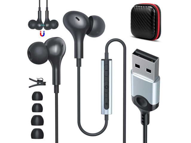 USB Earbuds Wired with Microphone for PC 7.5 Ft Cable, Black USB Headset for School Computer Class, Wired USBA Headphone with Mic Stereo Cord...