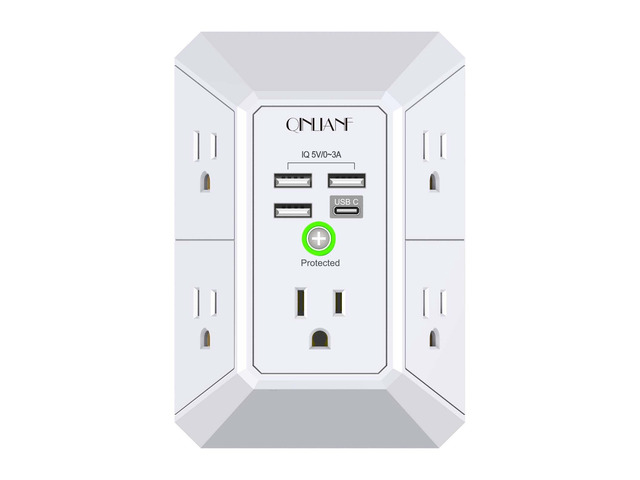 Wall Charger, Surge Protector, 5 Outlet Extender with 4 USB Ports 1680 Joules, 3-Sided Power Strip, Multi Plug Wall Outlet Adapter Spaced for Home...