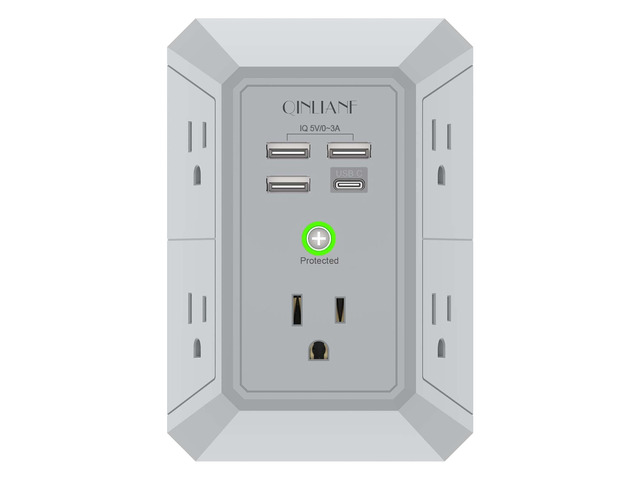 Wall Charger, Surge Protector, 5 Outlet Extender with 4 USB Ports 1680 Joules, 3-Sided Power Strip, Multi Plug Wall Outlet Adapter Spaced for Home...