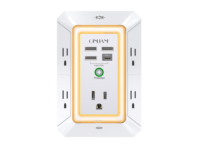 Wall Charger, Surge Protector, 5 Outlet Extender with 4 USB Ports 1680 Joules, 3-Sided Power Strip with Night Light, Multi Plug Wall Outlet Adapter...