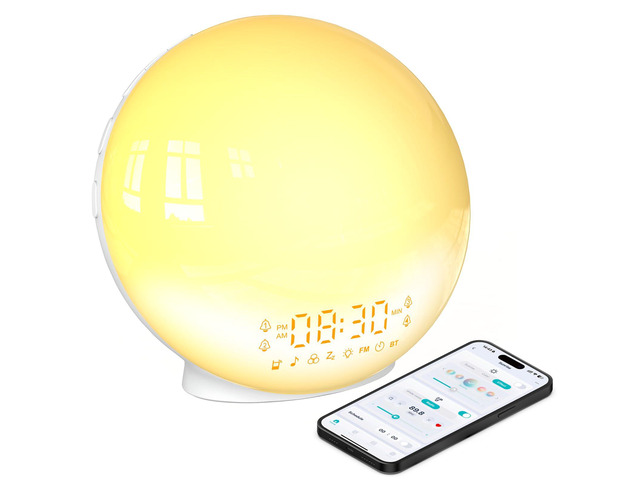 Smart Sunrise Alarm Clock with No Signup APP Control & Wake-Up Light, 4 Alarms, Sound Machine, FM Radio, Wireless Speaker, White