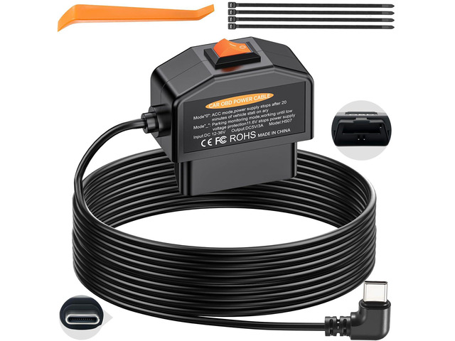 Dash Cam Hardwire Kit USB C, OBD2 to Type-C Adapter Hardwire Kit with 24/7 Parking Mode, Low Voltage Protection (11.6V/23.4V) with 2 Modes Switch,...