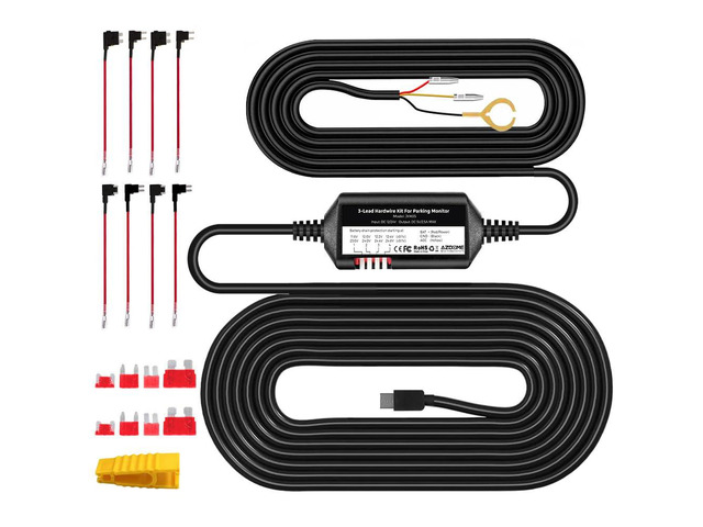 3-Lead Acc Hardwire Kit Type-C USB Port, 12ft For M550 M01Pro PG17 GS63HPro DashCam, With Fuse Kit, Convert 12V-24V to Output 5V/2.5A Max, 24H...