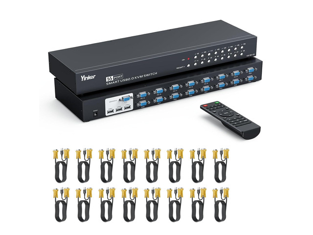 16 Port KVM Switch, Rack KVM Console VGA 16x1 w/16-Pack Cables IR Remote & Ears Support HD 1U Rack Cabinet