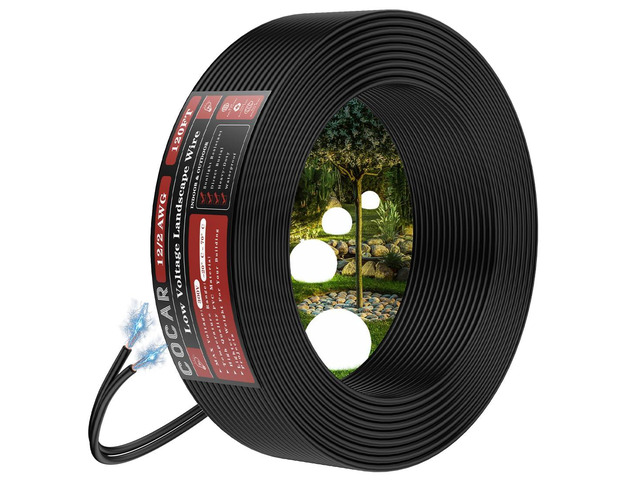 Cocar 12/2 Landscape Lighting Wire, 120FT 12 AWG Low Voltage Direct Burial Cable for Outdoor Yard, Park & LED Lamp Lighting Systems 2 Conductor