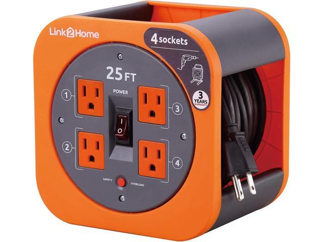 Link2Home Cord Reel 25 ft. Extension Cord 4 Power Outlets 16 AWG SJT Cable.