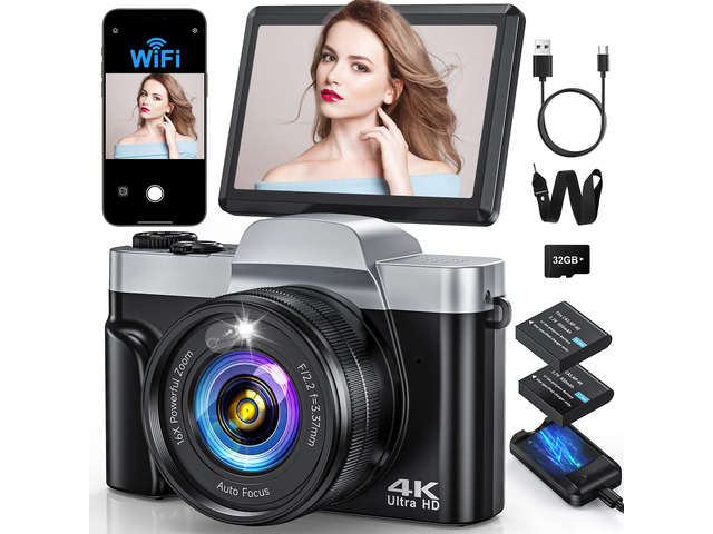 4K Digital Camera with WiFi 64MP Autofocus Vlogging Cameras for Photography Compact Travel Cameras, Point and Shoot Camera for Beginner, 3' 180°...
