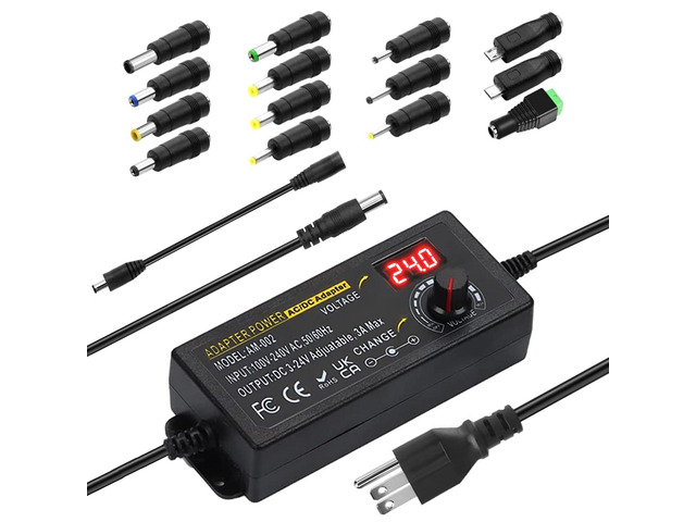 Adjustable Universal Power Supply 3V ~ 24V 3A 72W,100V-240V Switching AC/DC Adapter Converter with 5.5x2.1mm &14 Tips,9V 12V 15V 18V 20V 24V...