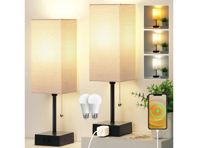 15'' Bedside Table Lamp for Bedroom Small Night Light Lamps for Night stand Pull Chain Table Lamps for Night stands with AC Outletdesk lamp with...