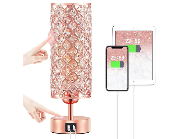 Pink Crystal Table Lamp, 3 Way Dimmable Touch Lamps for Night Stands Rose Gold, Touch Control, USB C+A Charging Port, Desk Lamps for girls Bedroom,...