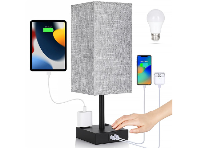 Bedside Table Lamp for Bedroom - Touch Small Lamp with USB C+A Charging Ports & AC Outlets, 3 Way Dimmable Nightstand Light for Living Room (LED...