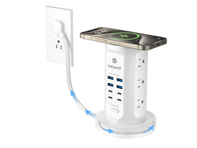 Power Strip Tower, Charging Station 9 AC Outlets 8 USB Ports 6 Ft Retractable Extension Cord, 15W Wireless Charger, White
