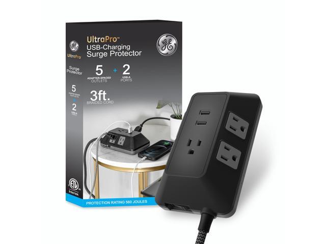 GE UltraPro Adapt 5-Outlet Surge Protector with USB Ports, 2 USB-A Ports, 2.4A, 3ft Braided Cord Power Strip Surge Protector, 560 Joules, Black, 73777