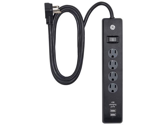 GE 4-Outlet Surge Protector, 2 USB Ports, 6 Ft Power Cord, 450 Joules, Flat Plug, Twist to Lock Safety Covers, Automatic Shutdown Technology,...