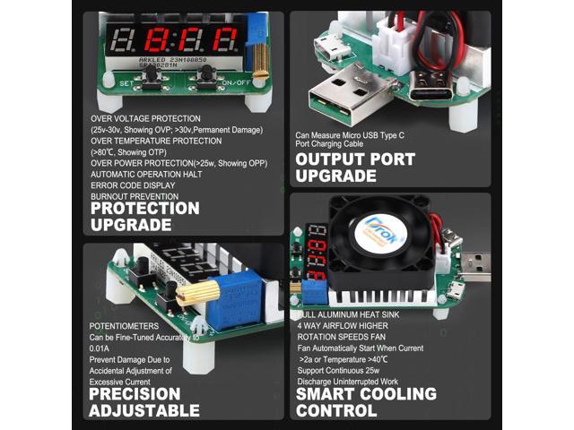 DROK USB Load Tester, Electronic Load Test Resistor Module 25W LD25 USB and Type C Interface Discharge Adjustable Constant Current 0.25A-4A...
