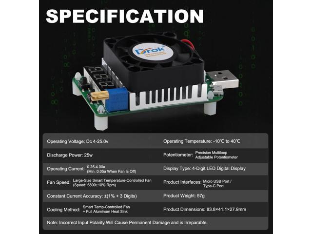 DROK USB Load Tester, Electronic Load Test Resistor Module 25W LD25 USB and Type C Interface Discharge Adjustable Constant Current 0.25A-4A...