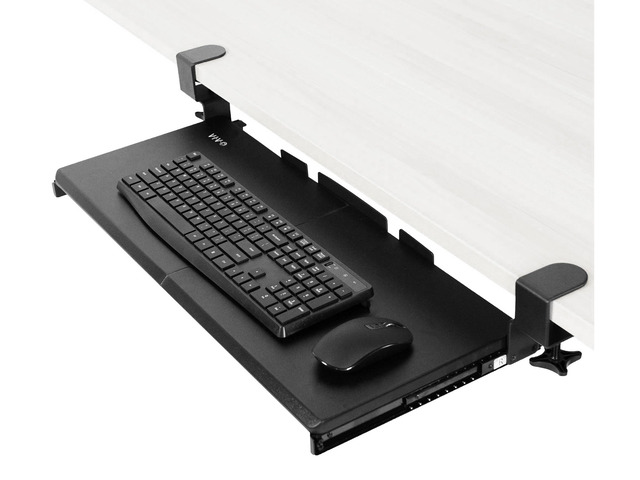 Black Clamp-on 27 x 11 in Keyboard Tray, MOUNT-KB05E Large Under Desk Keyboard & Mouse Tray for Typing, Slide Out Platform, Extra Sturdy C-Clamp...
