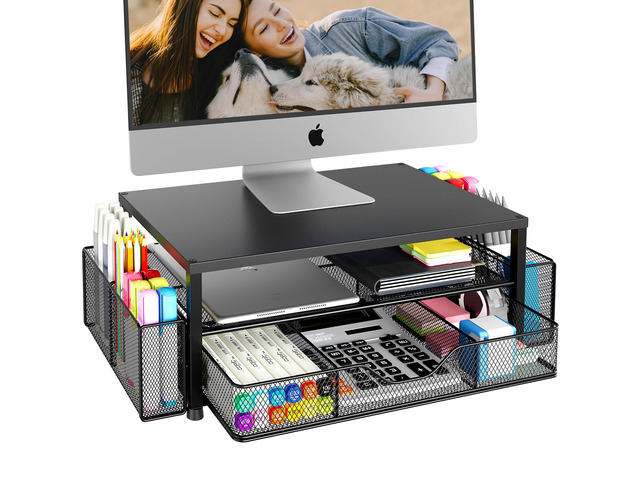 Desk Organizer and Accessories, 2-Tier Computer Monitor Stand Riser with Drawer and 2 Pen Holders, Laptop Stand, Office Desk Accessories for Office...
