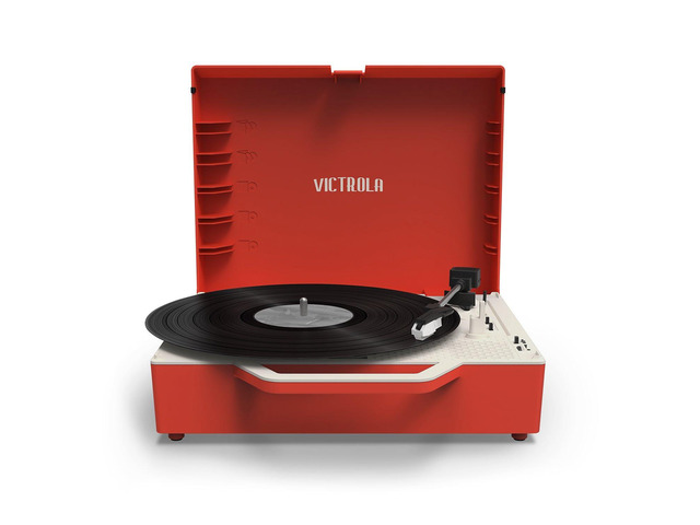 Re-Spin Sustainable Suitcase Vinyl Record Player, 3-Speed (33 1/3, 45 & 78 RPM), Belt-Driven Bluetooth Turn Table with Built-in Bass Radiator,...