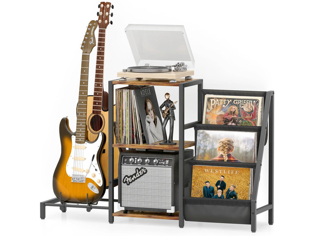 Record Player Stand, Guitar Stand for Acoustic, Electric Guitar, Bass with Amp Stand, 3-Tier Vinyl Record Storage Up to 200 Albums, Record Player...