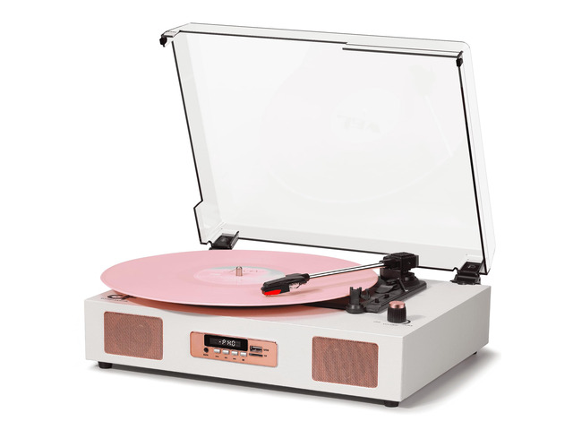 Vinyl Record Player Bluetooth Turntable w/Stereo Speaker, White& Rose Gold Dual Built-in Enhanced Speakers, USB Recording, 3 Speed Belt Drive...