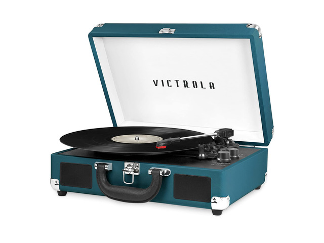 Journey - Bluetooth Suitcase Record Player - Blue Coral Built-in stereo speakers, 3-speed turntable plays 7', 10' and 12' records, Bluetooth...
