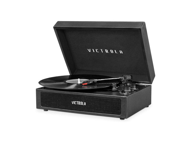 Parker 3-Speed Bluetooth Suitcase Turntable with Built-In Stereo Speakers, Aux-In, RCA & Headphone Jack, Wireless Music Streaming (Black)