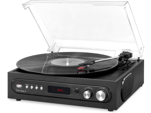 3-in-1 Turntable 3-Speed (33 1/3, 45, 78 RPM) Bluetooth Record Player with FM Radio, & Built-In Stereo Speakers, 3.5 Aux In & RCA Output, Wireless...