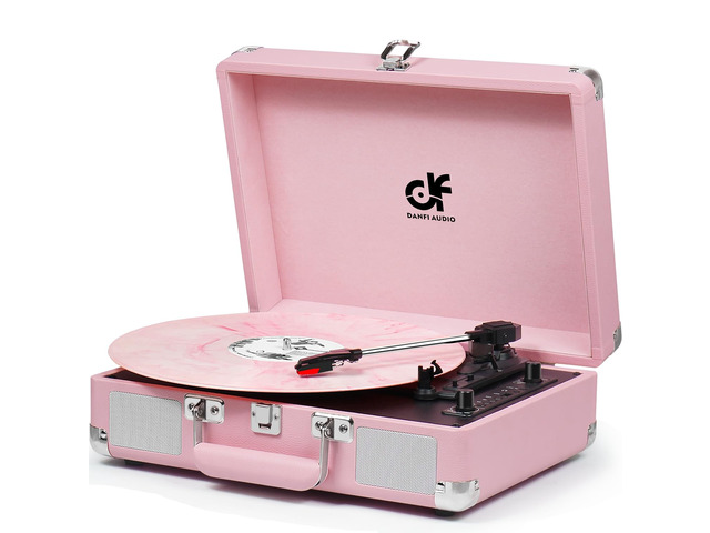 Vintage Pink Suitcase Record Player - 3-Speed Turntable with Bluetooth, USB Recording, MP3 Converter, Speakers, Stylus
