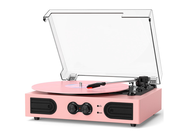 Vinyl Record Player with Built-in Speakers, Vintage 3-Speed Turntable, Bass/Treble Control, Headphone Jack, RCA/AUX Outputs, Belt-Driven LP Player,...