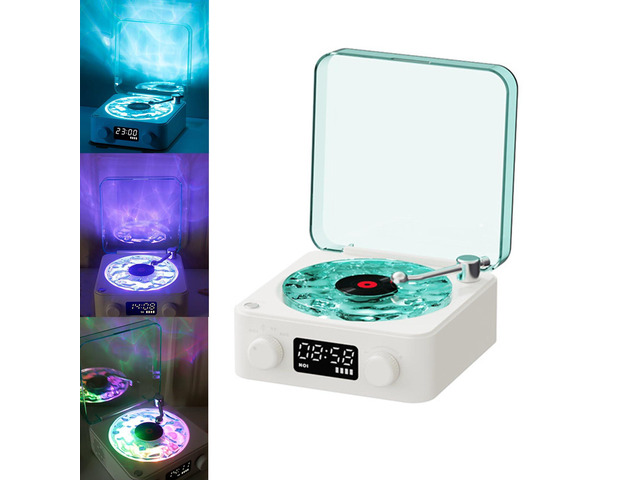 The Waves Vinyl Player, Waves Bluetooth Speaker, Portable Vintage Vinyl Speaker with Adjustable Light and Time for Bedroom, Party, White