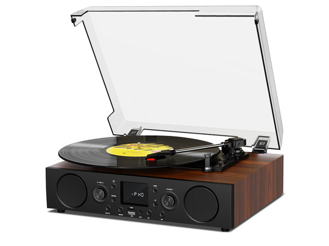 Vinyl Record Player with Built-in Speaker,Bluetooth Turntable with USB Recording, 3 Speed Vintage Record Player with Bluetooth Receiving, FM Radio,...
