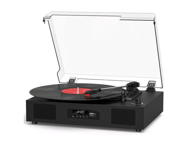 Vintage 3Speed Bluetooth Vinyl Record Player Turntable with Builtin Stereo Speakers, Black Auto Stop, USB SD Recording, Bluetooth Playback,RCA Out...