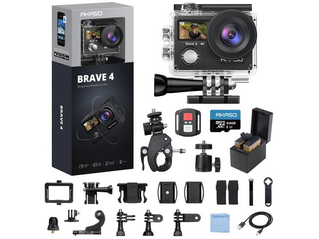 Brave 4 Action Camera 4K 30fps with 64GB MicroSD U3 Card Bicycle Helmet Accessories Kit Bundle, 20MP Ultra HD 131FT Waterproof Underwater Camera...