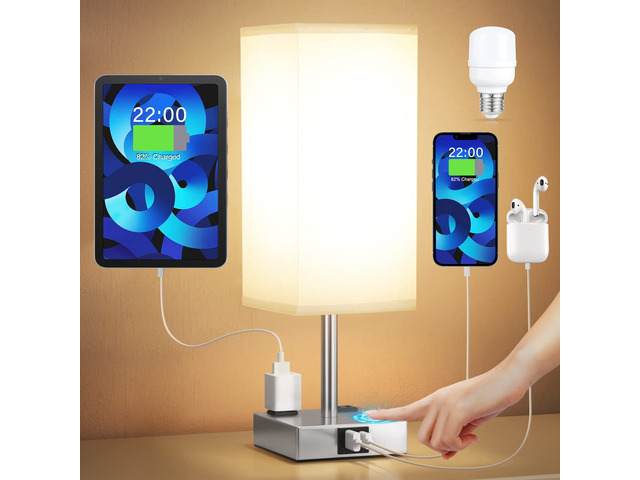 Touch Bedside Table Lamp for Bedroom - Dimmable, USB C+A, 2 AC Outlets 3-Way Dimming, 3000K Bulb Included, Square Grey Lampshade and Silver Base,...