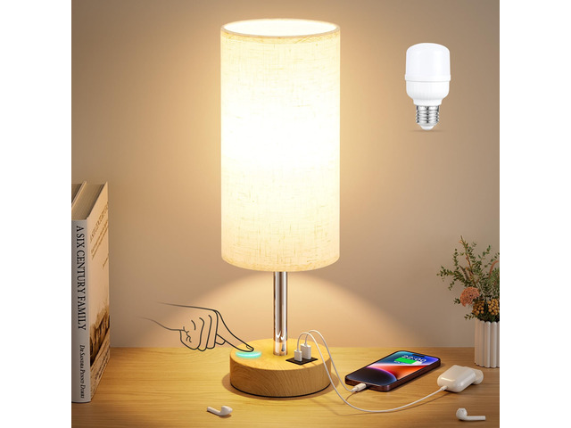 Bedside Table Lamp for Bedroom - 3-Way Dimmable Touch Lamp, USB A+C LED Bulb Included, 14' Small Nightstand Lamp for Desk, Living Room, Guest...