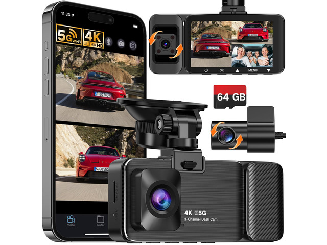 4K UHD 3 Channel Dash Cam Front and Rear Inside, Free 64GB Card Included, 360Â° Wide-Angle Full-View Dash Camera for Cars with Night Vision, 24H...