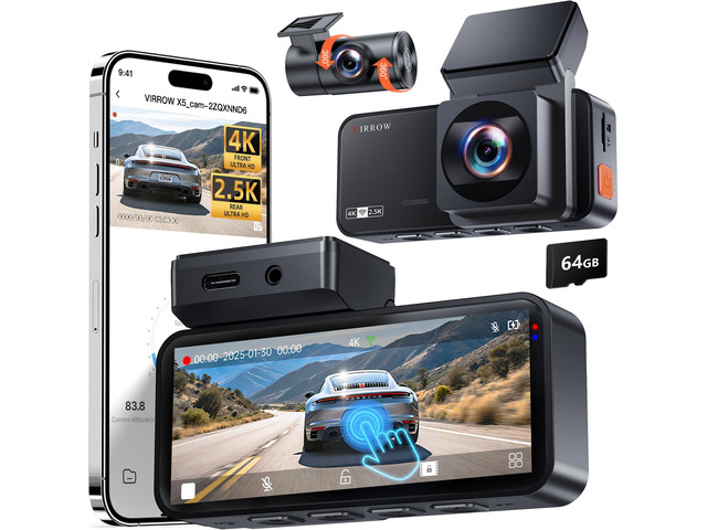 Dash Cam Front and Rear: 4K+2.5K Dash Camera for Cars - Dashcam Built-In WiFi APP Control 64GB Included 3.39' Touchscreen 24H Parking Monitor WDR...