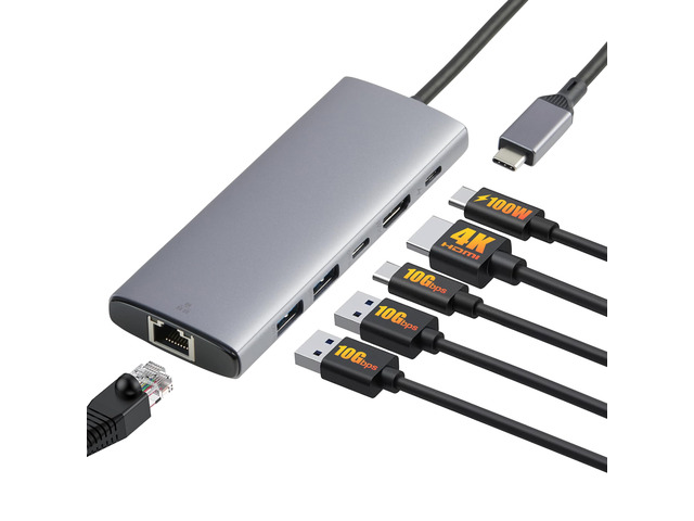 Amazon Basics 6-in-1 USB-C 3.2 (10G) Hub, Multiport Adapter with 100W Power Delivery, 4K HDMI, Ethernet, 2 USB-A, 1 USB-C, Light Grey, 4.70 x 1.81...