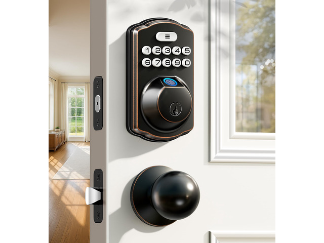 KS02C Fingerprint Deadbolt Door Lock with Knob Set, Oil Rubbed Bronze Auto Lock, Electronic Backlit Keypad, BHMA/ANSI Grade 3, Anti-Peep Code, Low...