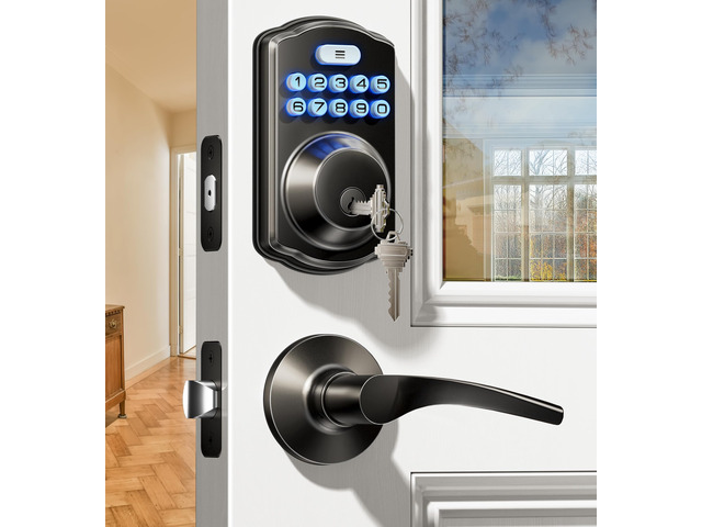 KS01B Keypad Door Lock with 2 Lever Handles Set, Matte Black Keyless Entry, 20 Codes, Auto Lock, Anti-Peeping Code, Electronic Deadbolt for Front...