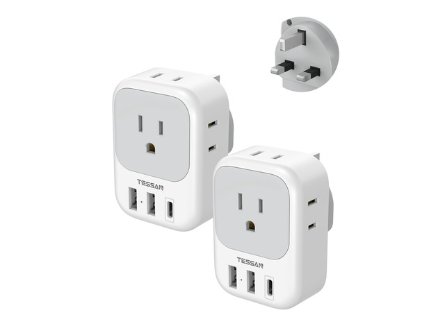 UK Adapters for Travel, Type G Adaptor, 2 Pack 4 Outlets 3 USB (1 USB C PD 20W), USA to Ireland Scotland Dubai Hong Kong England British Kenya London