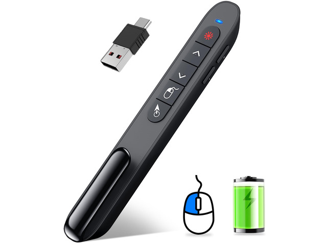Wireless Presenter Remote with Air Mouse Control, Rechargeable USB A & C Presentation Clicker PPT Pointer RF 2.4GhZ PowerPoint Clicker Slide Advancer...