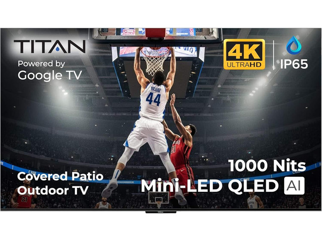 Titan G100 QLED Mini-LED 85-Inch 4K Smart Outdoor TV, Covered Patio, IP65, 1000 Nits, Dolby Vision IQ/HDR10+, 144Hz, Google TV, Wi-Fi 5, Dolby...