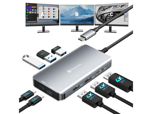 USB-C Docking Station Dual Monitor Adapter, Laptop Docking Station 3 Monitors Triple Display USBC Hub Dongle to 4K60Hz HDMI+DP,3 USB3.0,100W PD,USB...