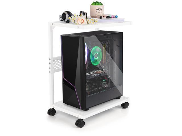 PC Stand Computer Tower Stand 2-Tier Metal CPU Holder with Locking Caster Wheels Suitable for Most PC (S, White)