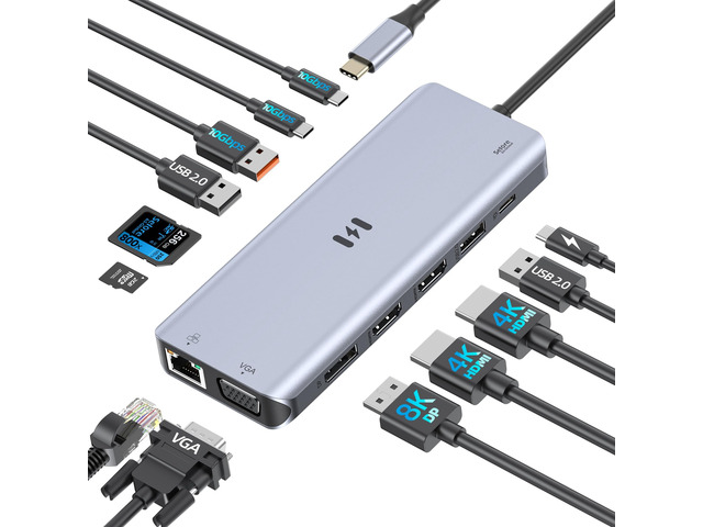 USB C Docking Station 4 Monitors,13 in 1 Laptop Docking Station 3 Monitors Dual HDMI,8K DP,VGA,10Gbps USB A/C Data Transfer, PD Charging,USB C Hub...