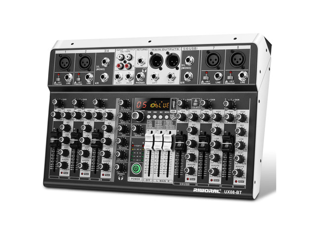8 Channel Audio Mixer DJ Mixer Sound Board Console 16 Dsp USB Audio Interface MP3 Input +48V Phantom Bluetooth Studio Mixer Audio For Karaoke...