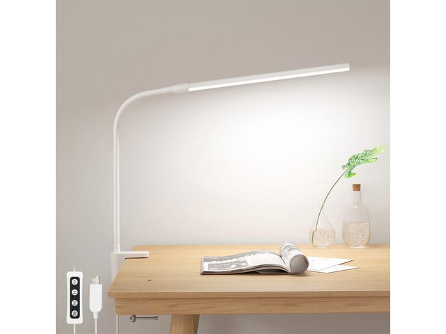 Small Desk Lamp with Clamp, LED Reading Lamps, 460LM, 5W, White 3 Color Modes 10 Brightness, Dimmable USB Clip on Desk Light with Gooseneck Swing...